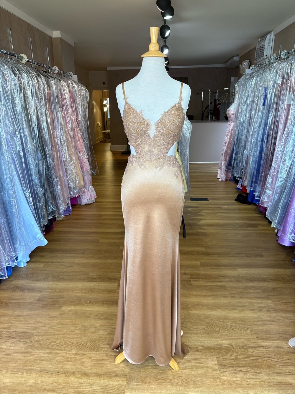 Silky Bronze Backless Evening Gown